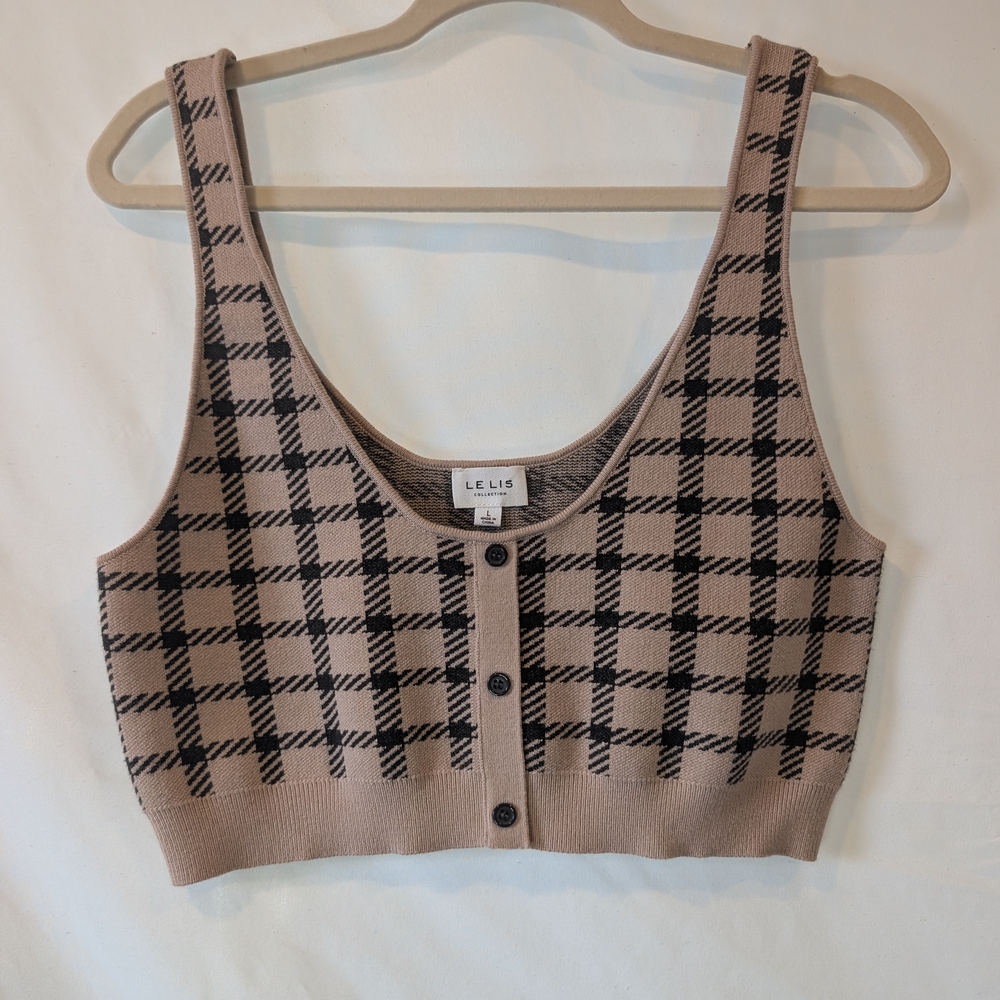 Le Lis Beige Plaid Knit Crop Tank Teen going out preppy  L